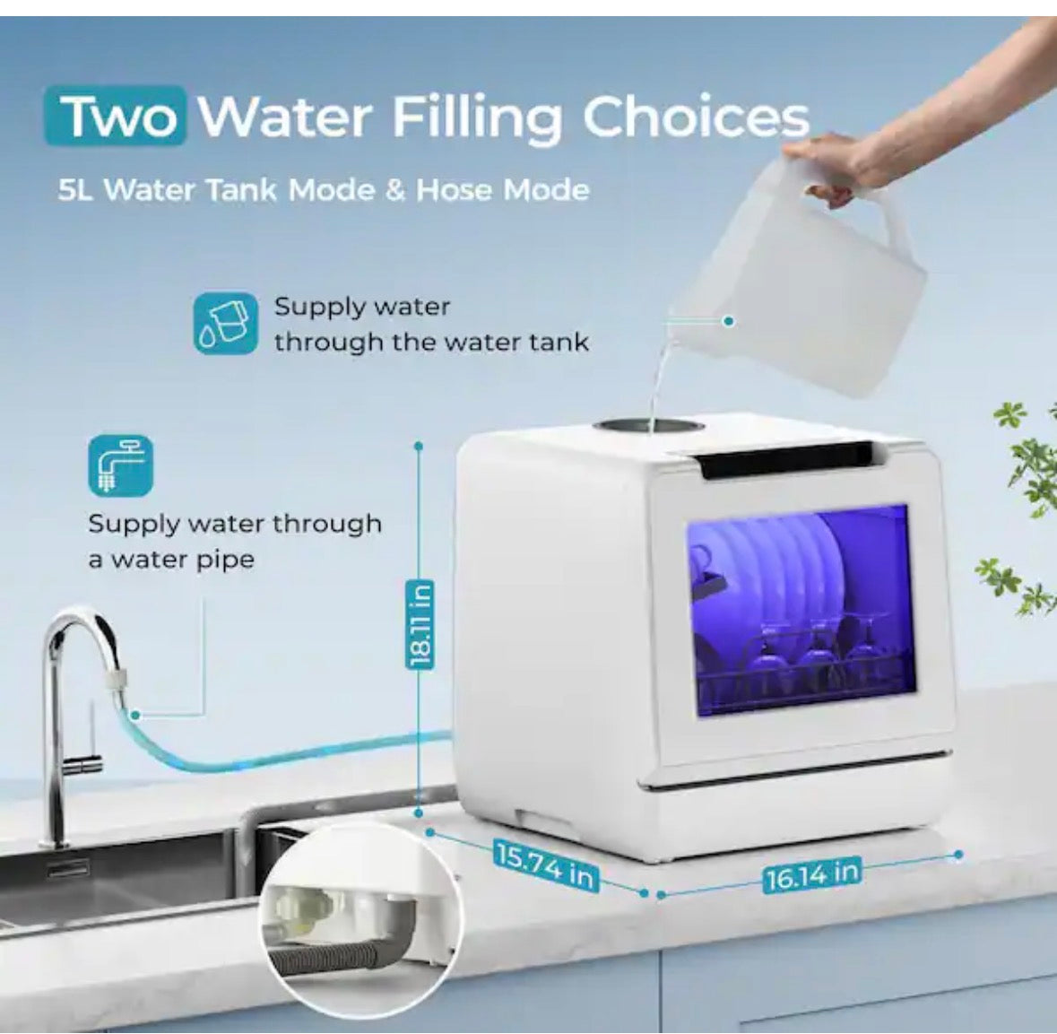 17 in. Countertop Dishwasher in White with 5 L Built-in Water Tank, Drain Hose, 8-Modes with Self Clean