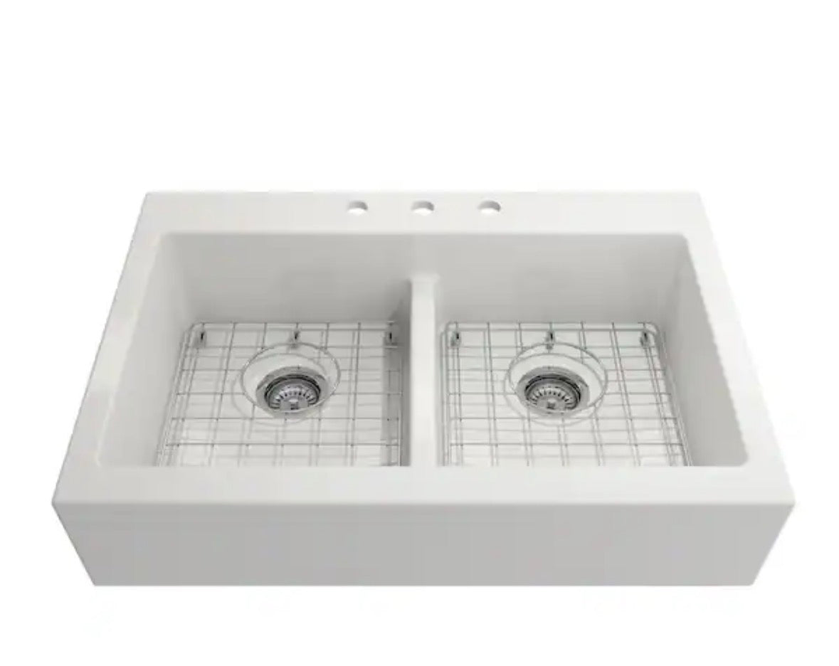34 in. Farmhouse/Apron-Front Double Bowl White Fireclay Kitchen Sink with Bottom Grid