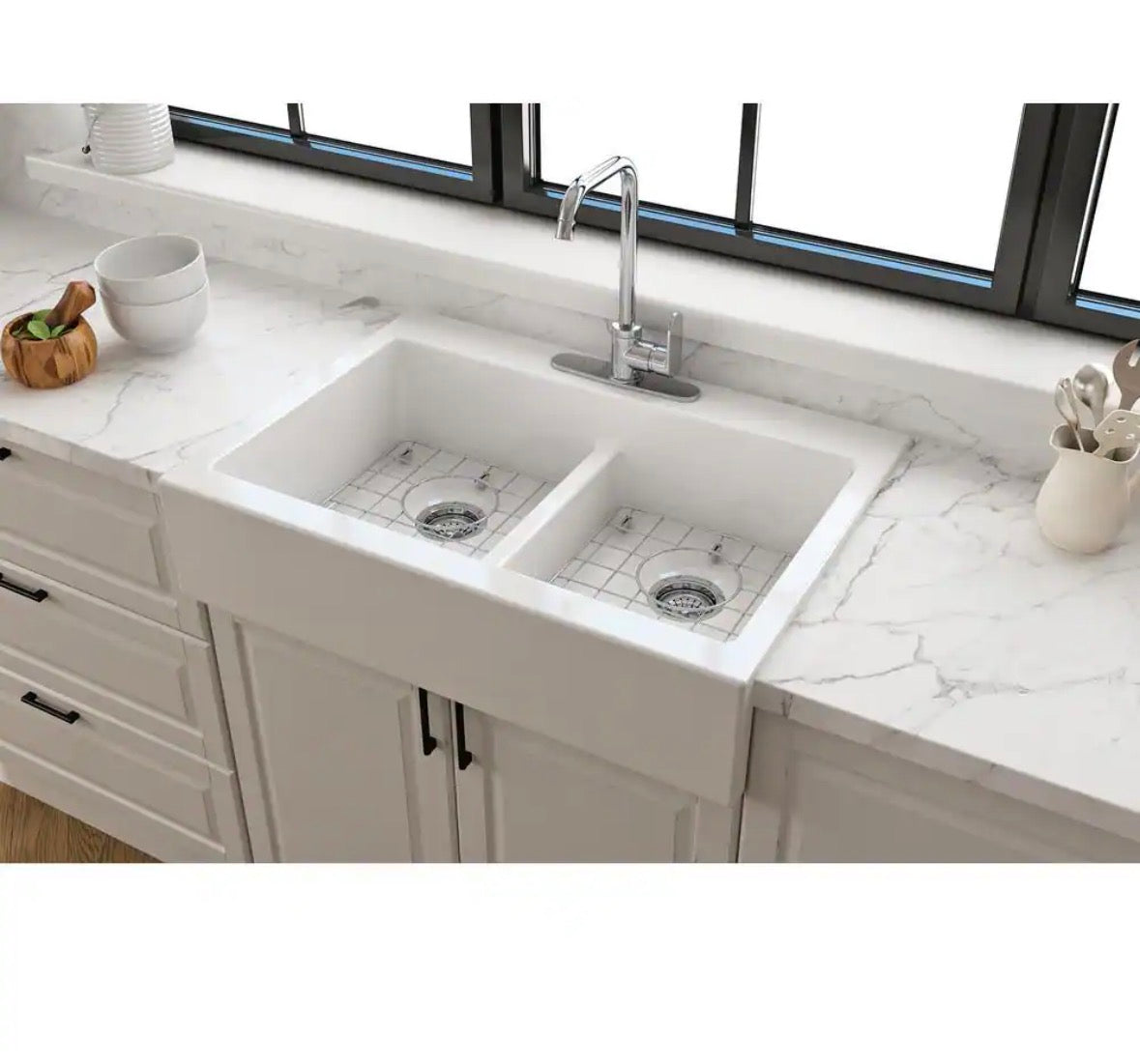 34 in. Farmhouse/Apron-Front Double Bowl White Fireclay Kitchen Sink with Bottom Grid