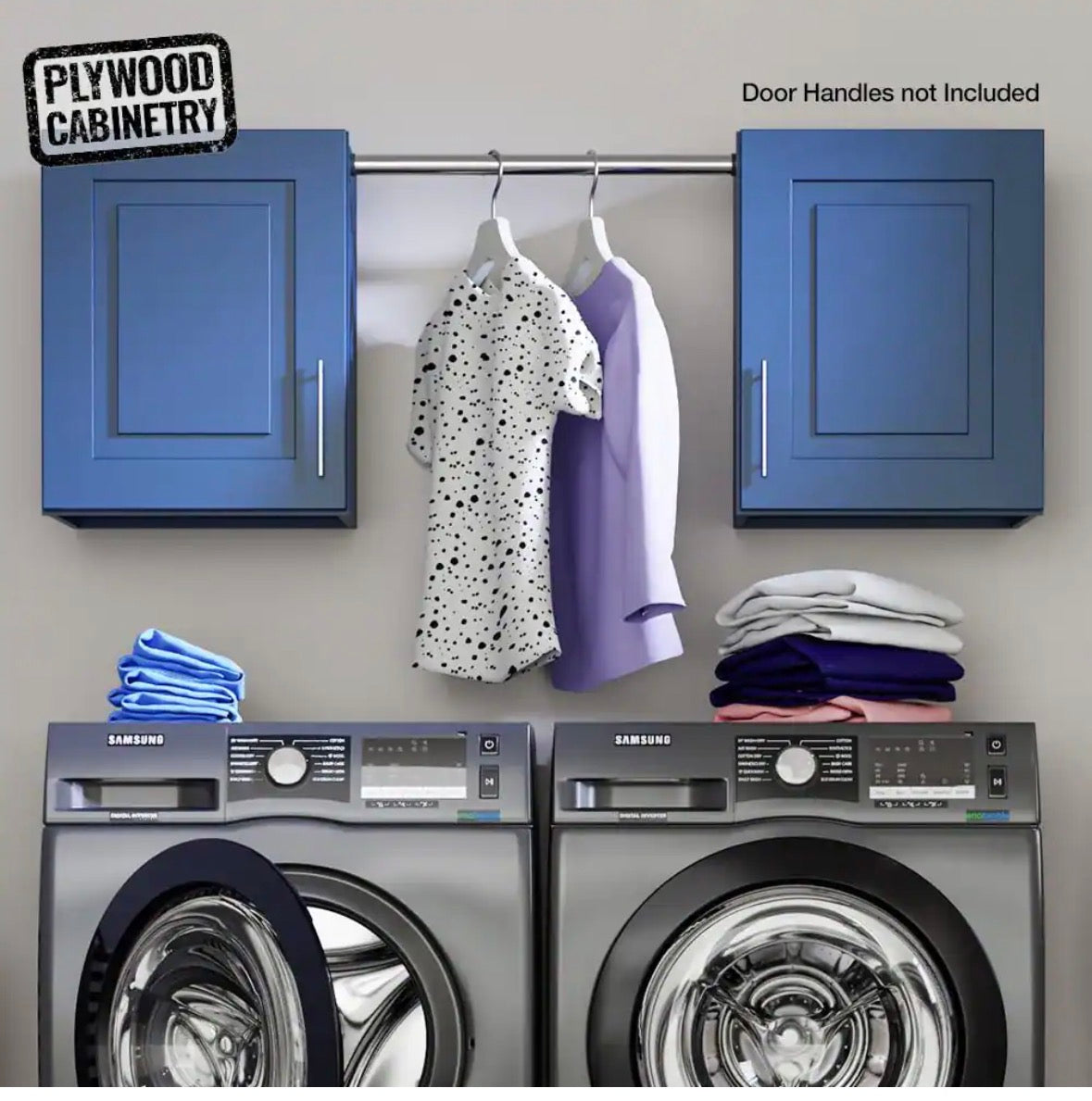 Greenwich Valencia Blue 23 in. H x 58 in. W x 12 in. D Plywood Laundry Room Wall Cabinet andPole ext 76 in. w/ 2 Shelves
