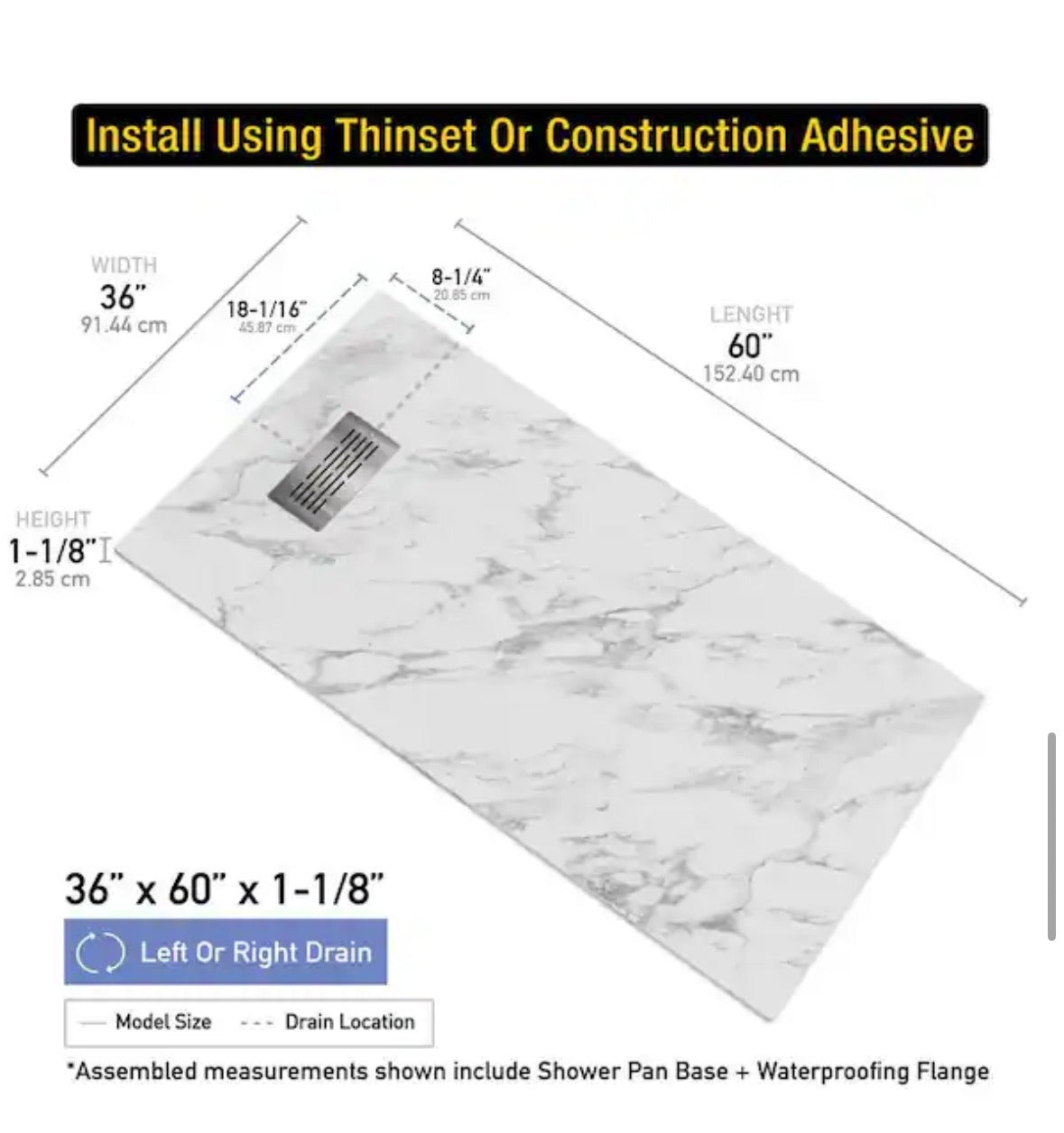 36 in. W x 60 in. L x 1.125 in. H Alcove Solid Composite Stone Shower Pan Base with L/R Drain in Carrara Sand