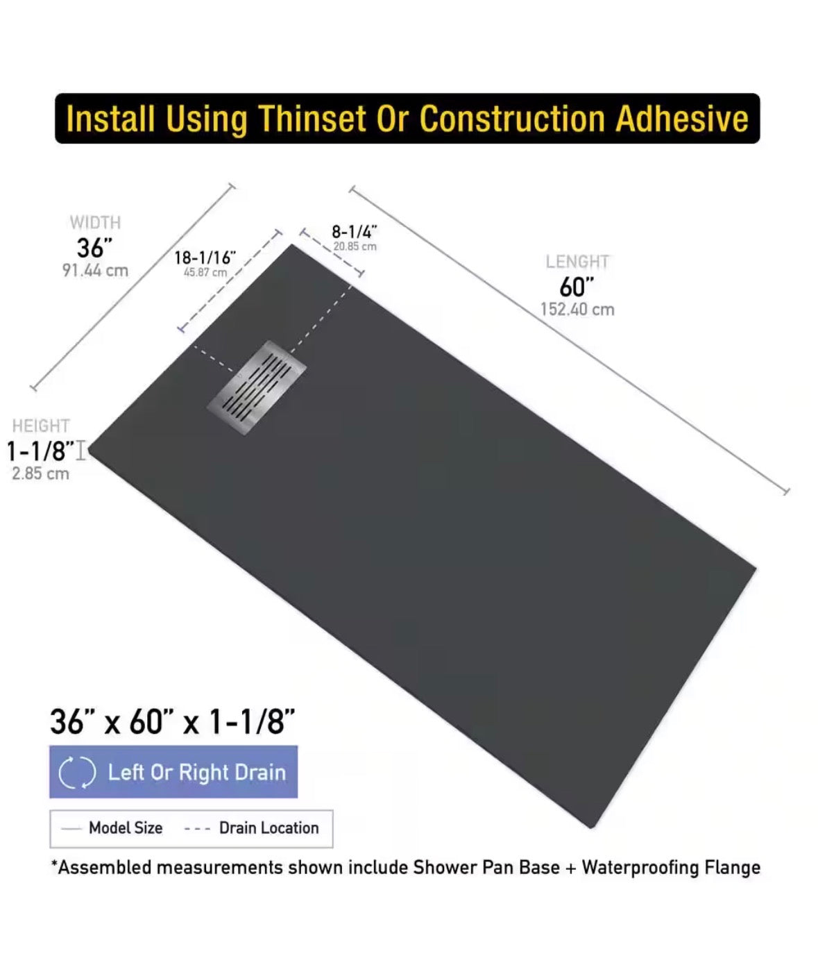 36 in. W x 60 in. L x 1.125 in. H Alcove Solid Composite Stone Shower Pan Base with L/R Drain in Graphite Sand