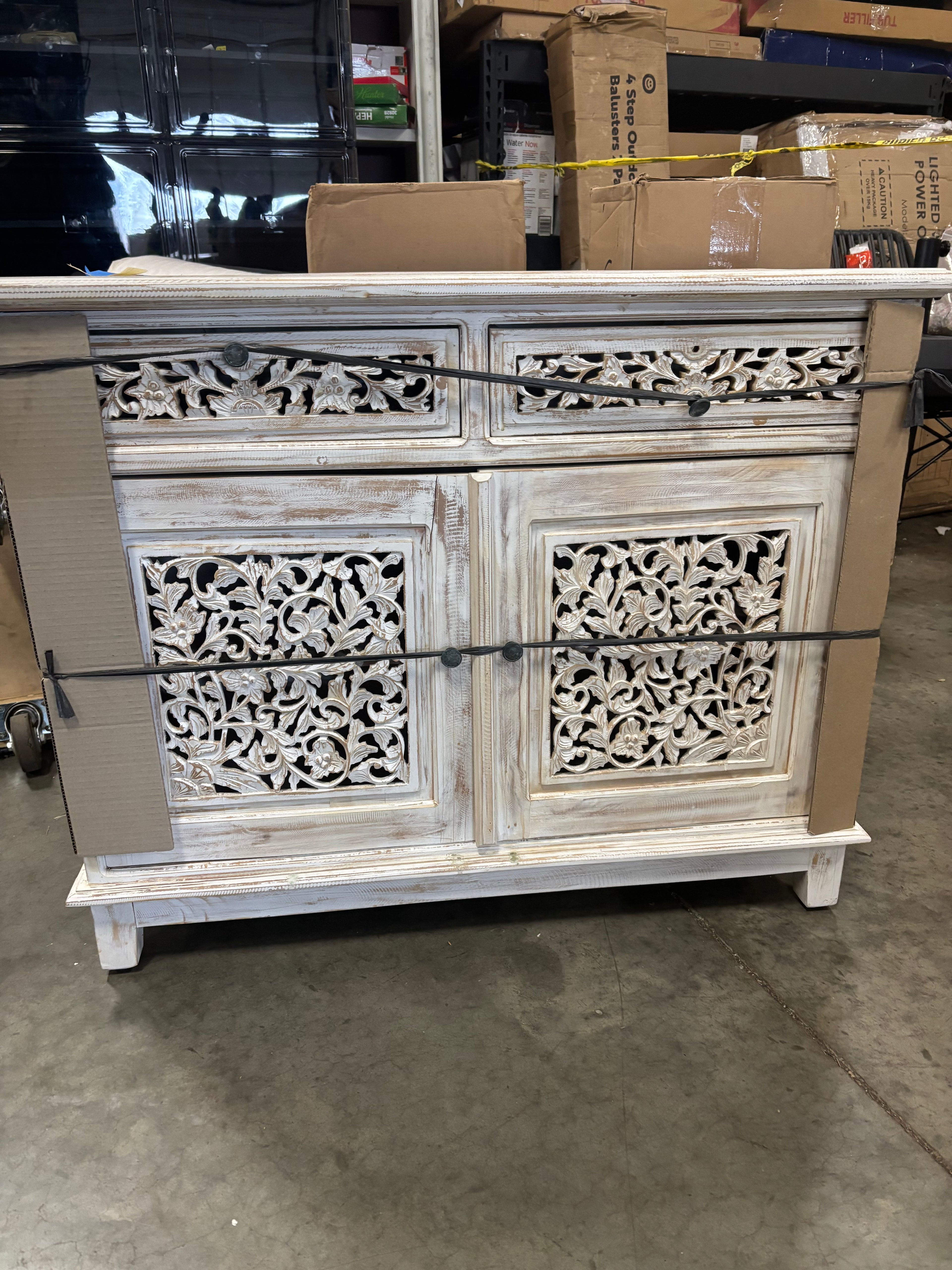 Suncrest Wood Intricately Carved 2 Drawers 1 Shelf and 2 Doors Floral White Cabinet